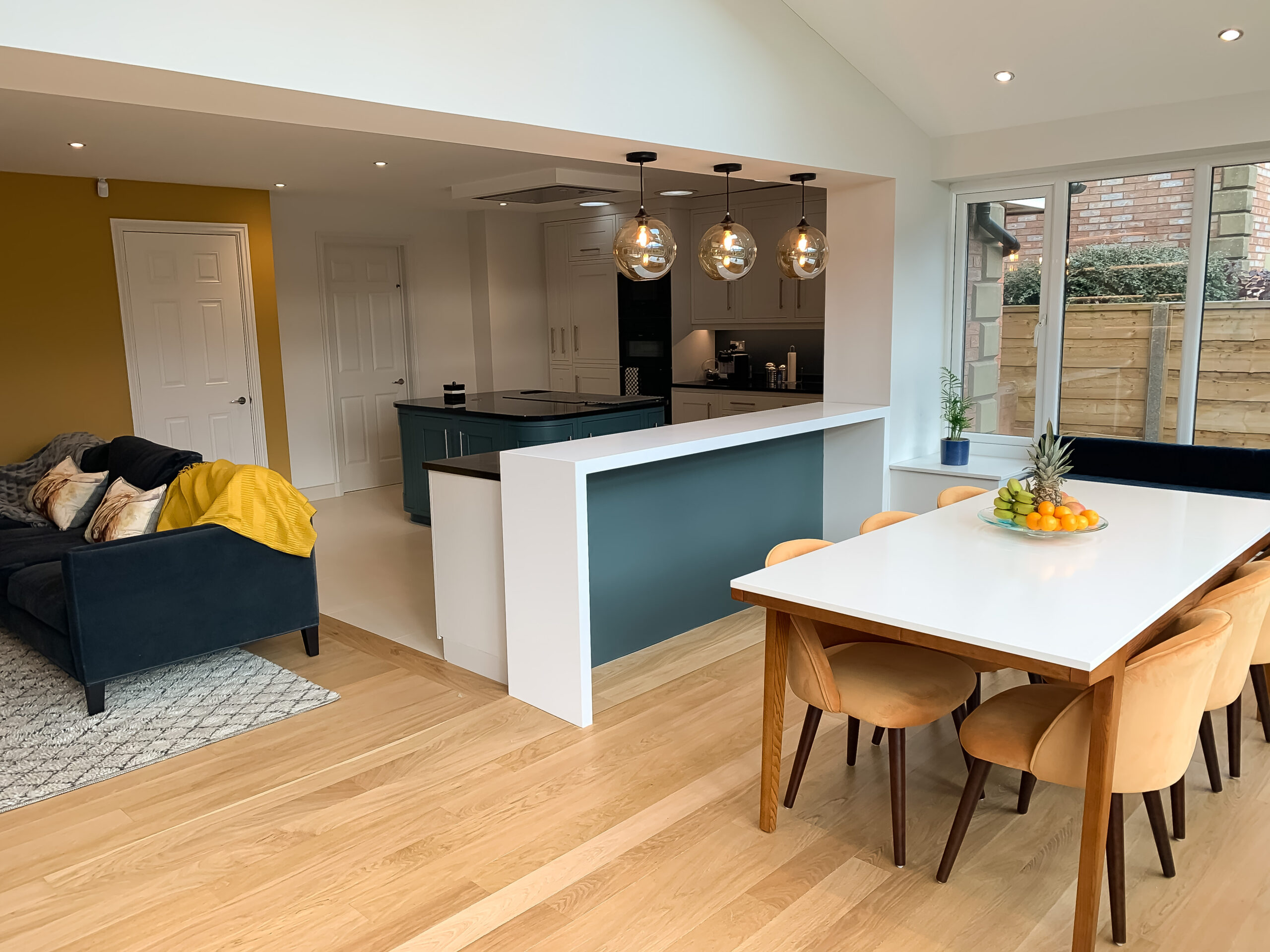Kitchen diner full room view in contemporary style in High Leigh